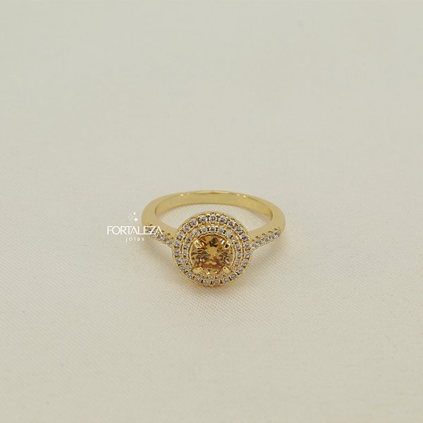 Anel Halo de Zircônia Laranja Imperial  Banhado a Ouro 18k