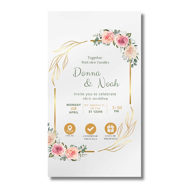 Convite Casamento Virtual Interativo Floral Rosa Whatsapp