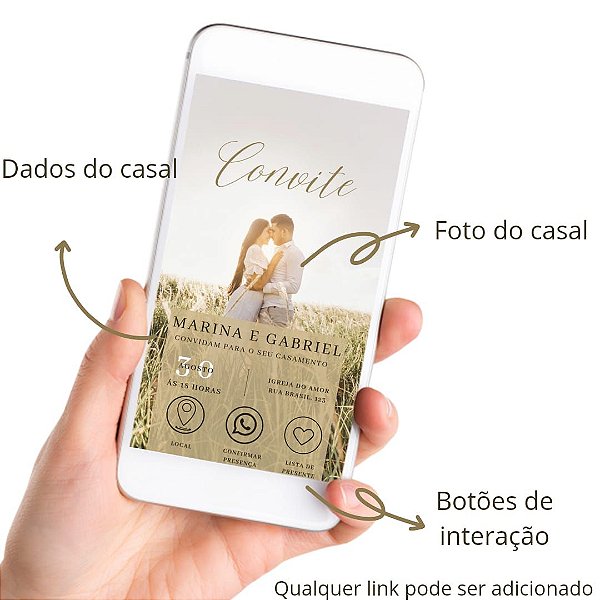 Convite Casamento Interativo Virtual Para Whatsapp - FRETE GRÁTIS - Tinta  Papel e Tesoura