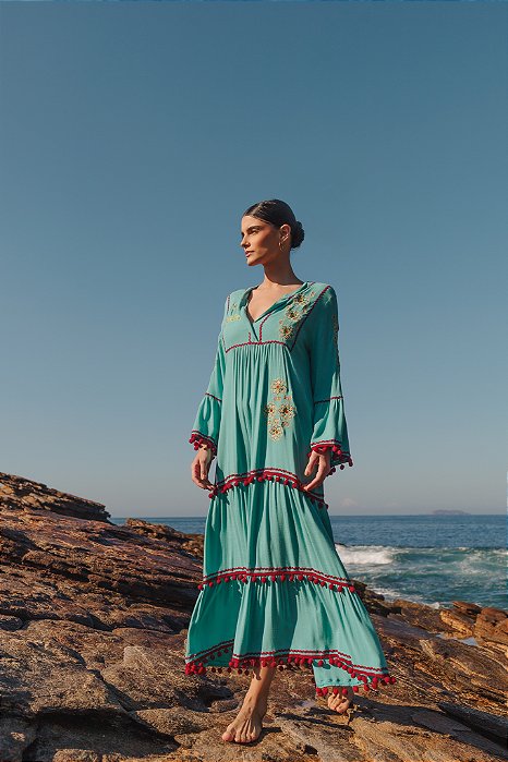 Vestido Istambul bordado verde petróleo