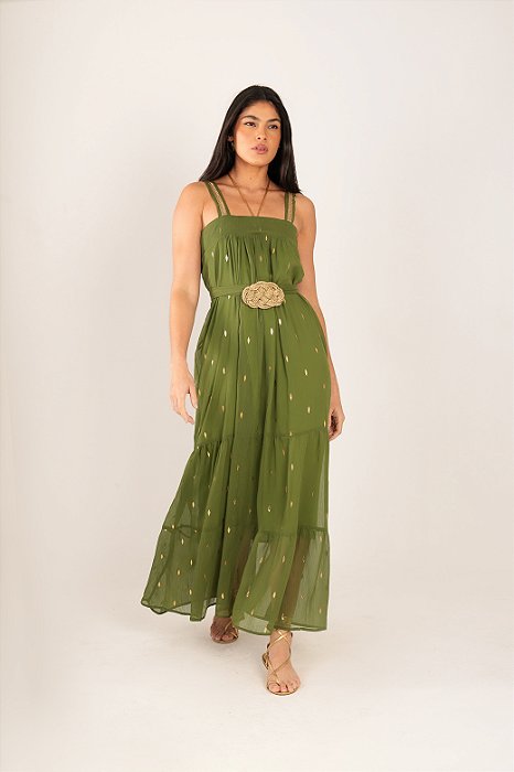 Vestido Folhas alça  de canutilho dourado