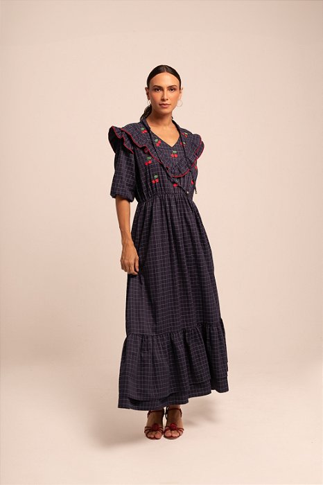 Vestido babados bordado cerejas