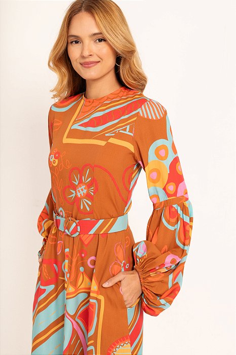 Vestido Apoena mangas com cinto