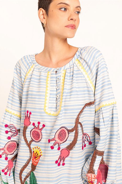 Vestido Emanuelle listras floral bordado baby blue