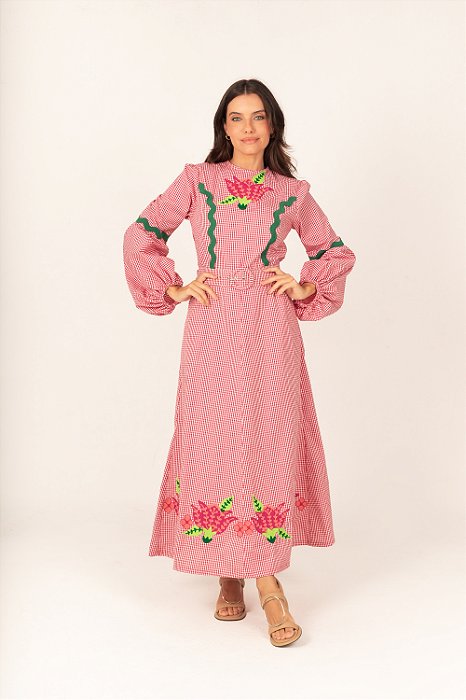 Vestido vichy Lilly bordado com cinto vermelho