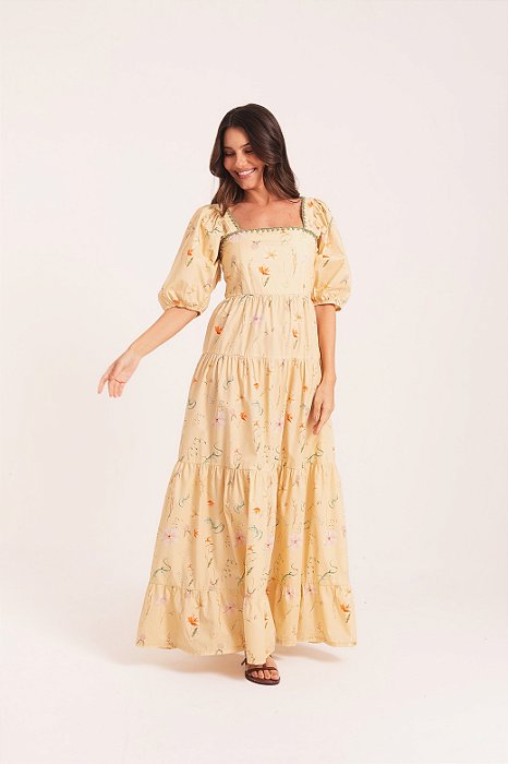 Vestido Emilly Algodão mangas fofas amarelo manteiga