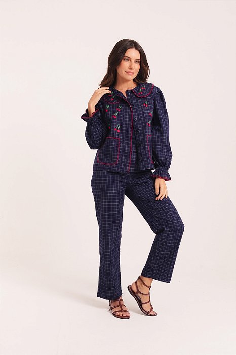 Calça xadrez de algodão cerejas