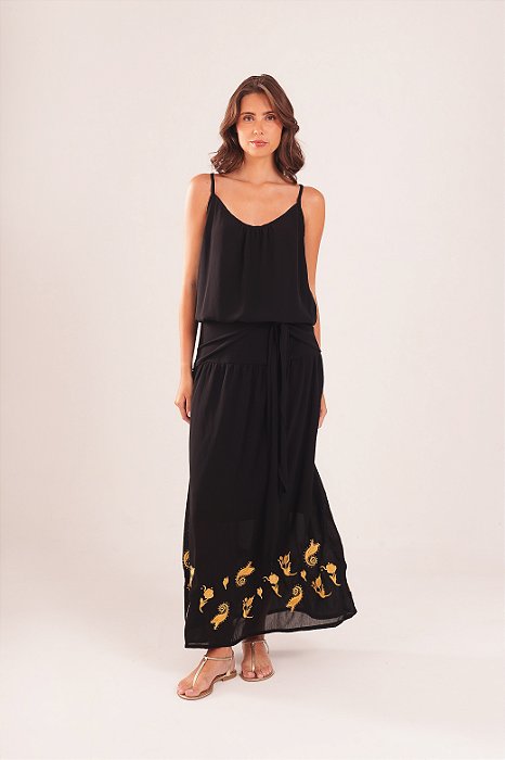 Vestido crepe aquarelas alcinhas preto