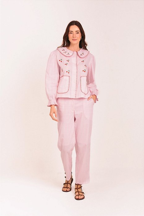 Calça xadrez de algodão cerejas rosa bb