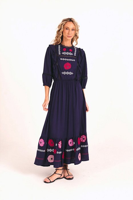 Vestido Maria Clara Ponto de Cruz marinho