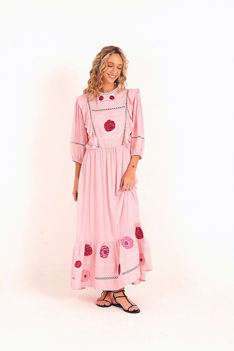 Vestido Maria Clara Ponto de Cruz rosa blush