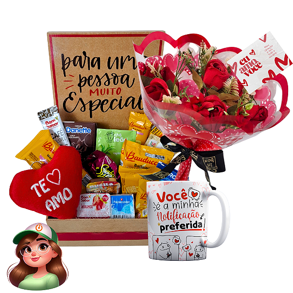 Kit Romântico com Cesta e Buquê Artificial