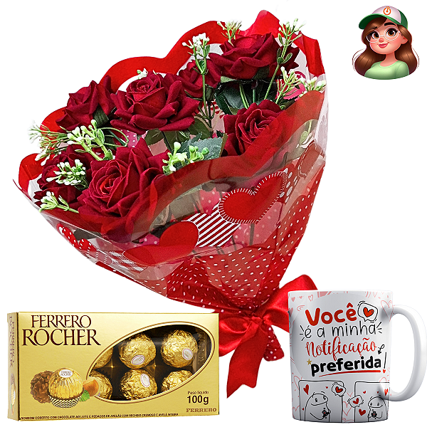 Buquê de Rosas Artificiais + Caneca de Amor + Ferrero