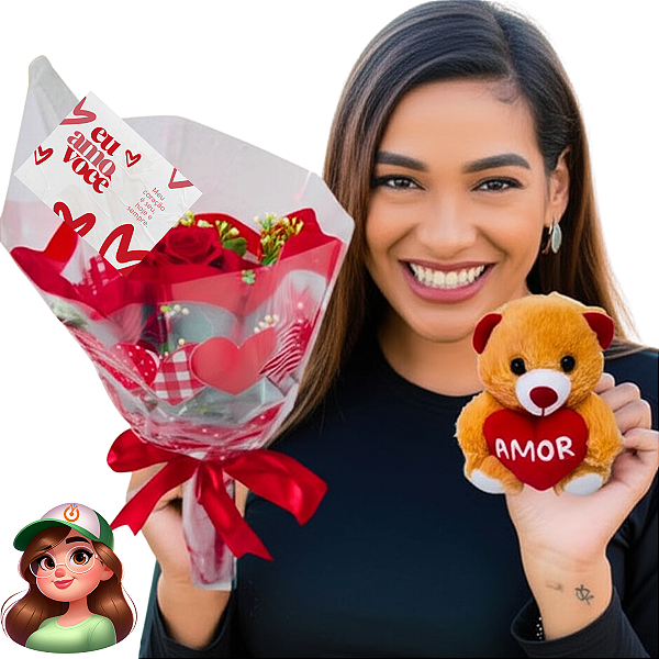 Buquê de Rosas Artificiais + Urso + Cartão