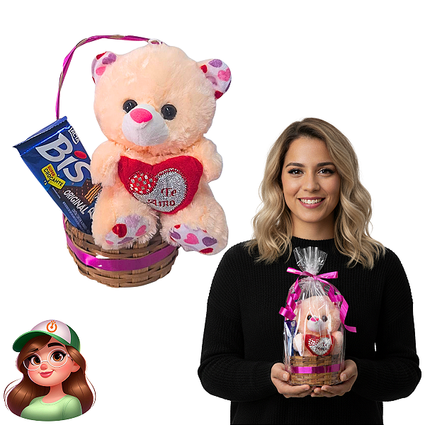 Cesta de Bambu Com Urso De Pelúcia E Chocolate