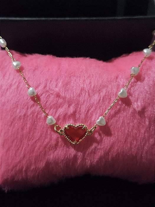 Chocker coração e pérolas