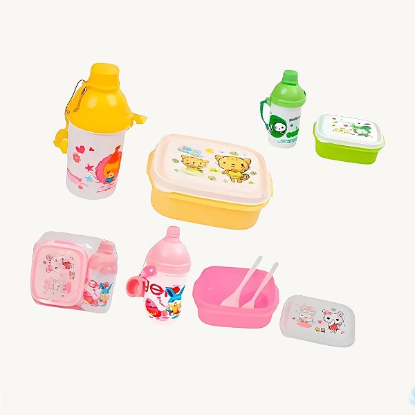 Kit 04 pçs Refeição Para Crianças Lancheira, Garrafinha + Talher Acompanha Bolsinha - KRI-45