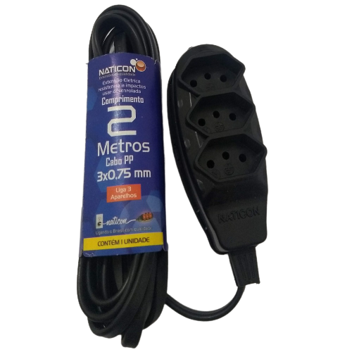 Extensão Elétrica 2 Metros com 3 Tomadas Cabo PP 2P+T PP 2,0 x 0,75 - Naticon