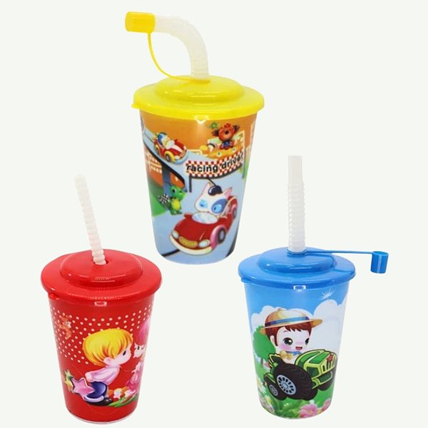 Copo Infantil de Plástico com Estampa em 3D + Canudo e Tampa - COP-76-1