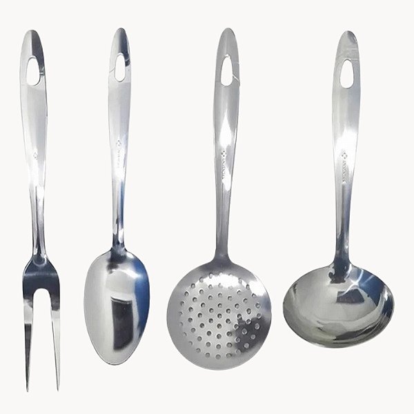 Kit 04 pçs Utensílios Para Cozinha de Aço Inox Escumadeira, Garfo p/ Churrasco, Concha, Espátula