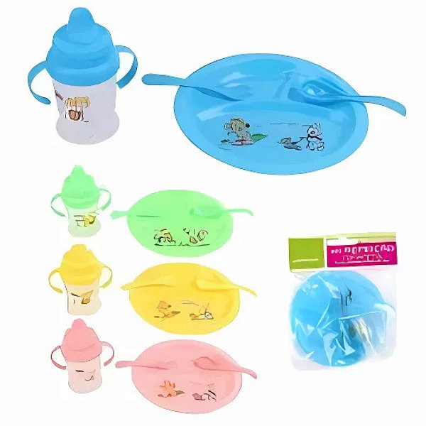 Kit Refeição Infantil Com 4 pçs Prato, Talher E Garrafa - KRI-41