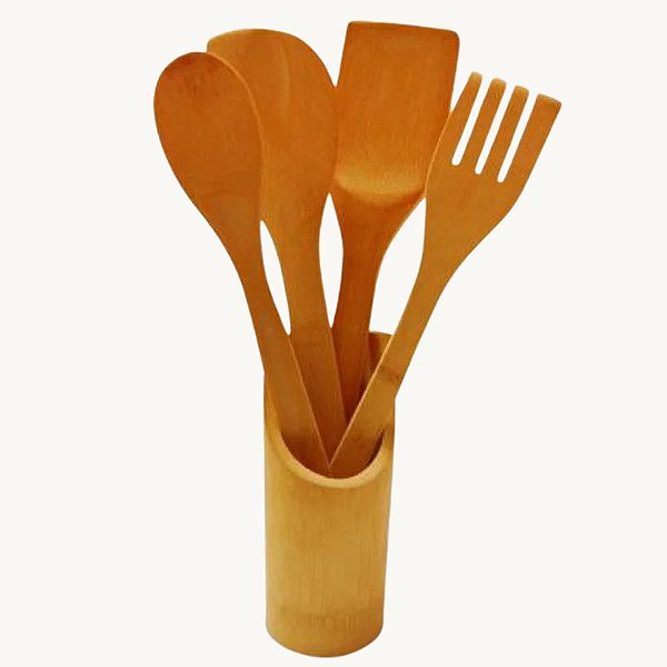 Kit Colher De Pau Utensílios Em Bambu 5 Peças Anti Fungos Casa Cozinha Colheres - KCB-06