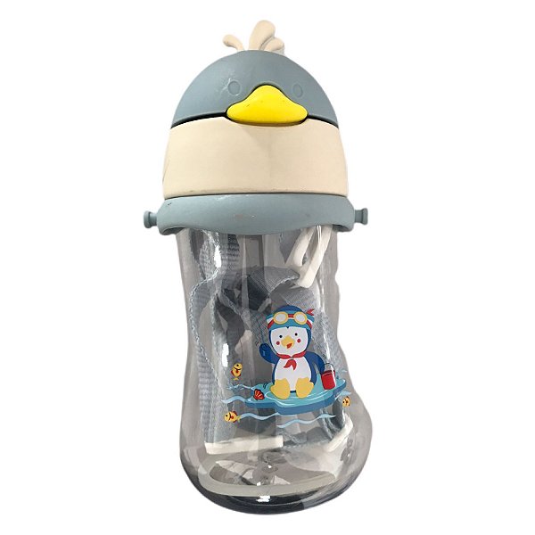 Garrafa Infantil com Canudo, Tampa e Alça Ajustável Estampa Patinho - GAT-326