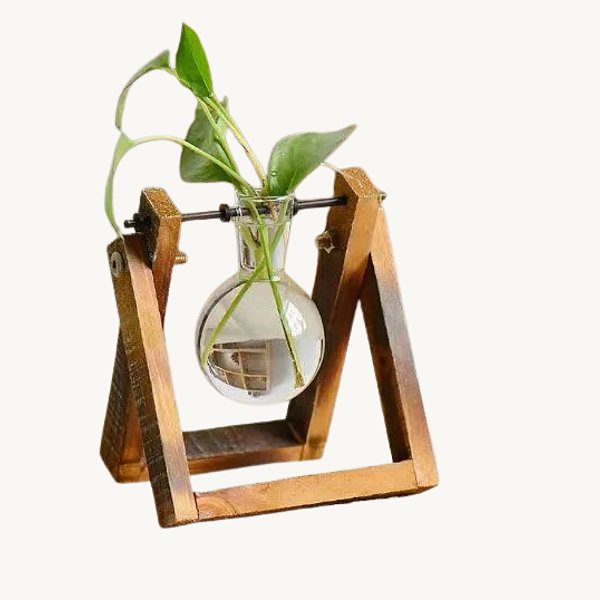Vaso De Vidro Suspenso Com 2 Suportes De Madeira - AG3104