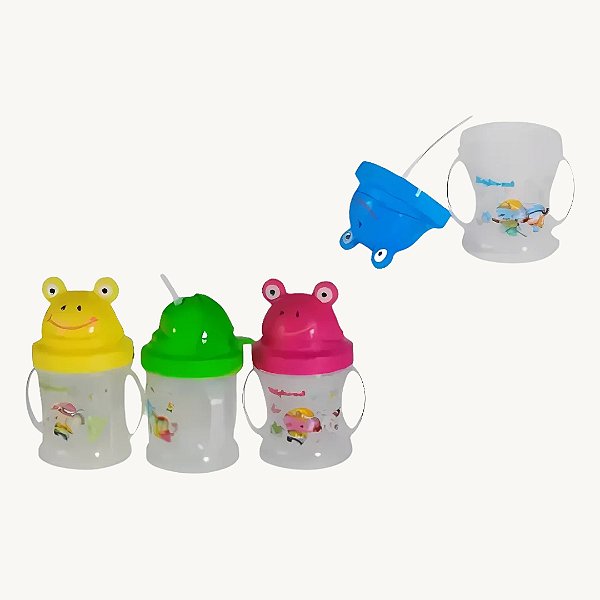 Copo Infantil Sapinho com Tampa, Canudo e Alça 200ml - SQ-113