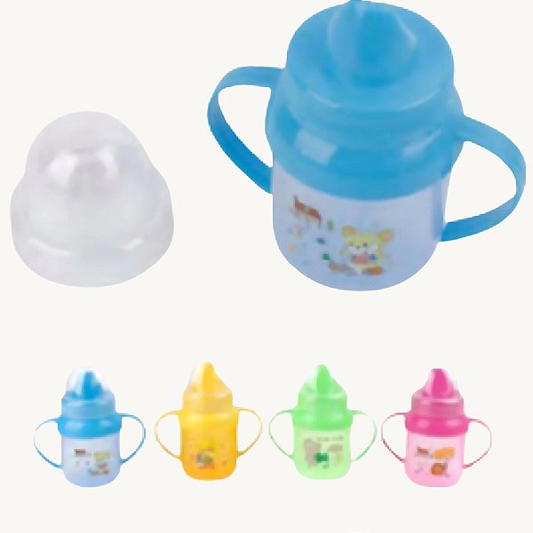 Copo Infantil de Plástico Com Bico, Tampa e Alça -  Diversas Cores - COP-84