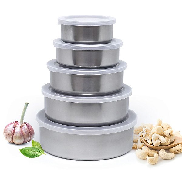 Jogo de Potes e Tigelas em Inox com Tampas Plásticas Ideais para Armazenar Alimentos - AG9950