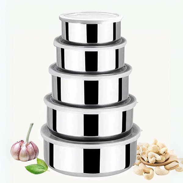 Jogo Conjunto de 5 Potes e Tigelas em Inox com Tampas Plásticas Ideais para Armazenar Alimentos - AG9950