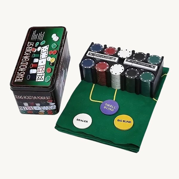 Kit Jogo de Poker Profissional em Lata 200 Fichas com Toalha - AG8435