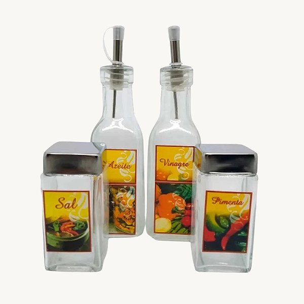 Kit Galheteiro De Vidro 04 Pçs Com Bico Dosador - VDA0502