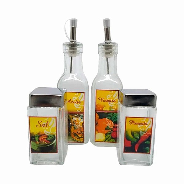 Kit Galheteiro De Vidro 04 Pçs Com Bico Dosador - VDA0502