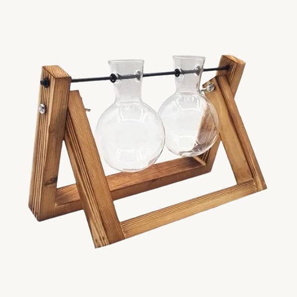 Kit 2 Vasos De Vidro Suspenso Suporte De Madeira - AG3105