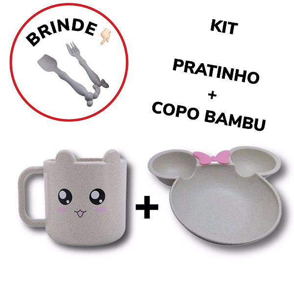 Kit Alimentação Pratinho Mickey Caneca De Bambu + Talheres