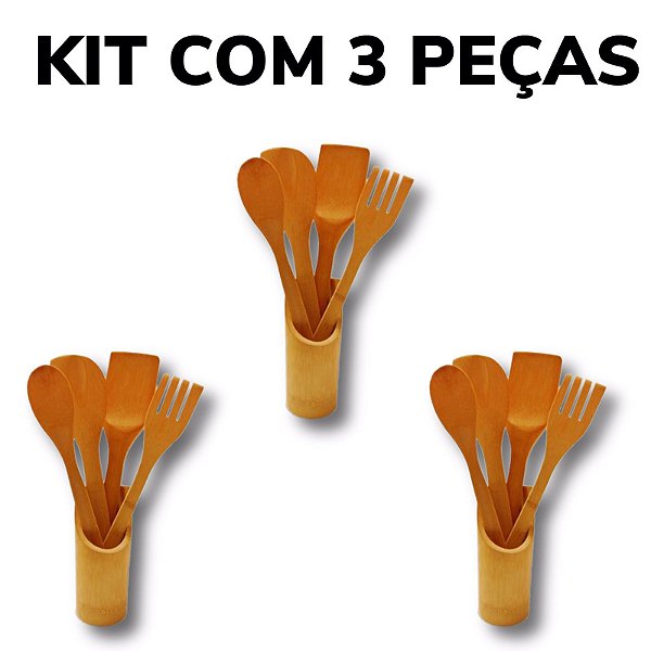 Kit 3 Conjuntos Talheres De Bambu (4 talheres + suporte) Peças Anti Fungos - KCB-06