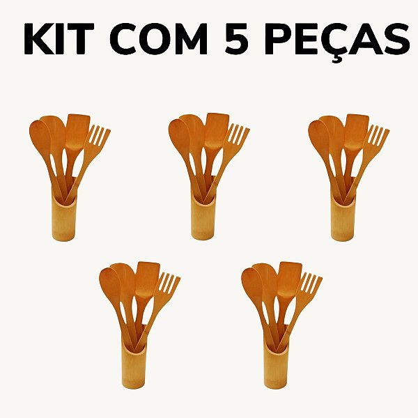 Kit 5 Conjuntos Talheres De Bambu com 5 peças (4 talheres + suporte) Peças Anti Fungos - KCB-06
