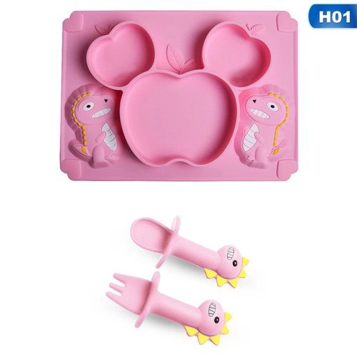 Kit Refeição Infantil Prato De Silicone Com Ventosa Dinossauro + Talheres De Silicone