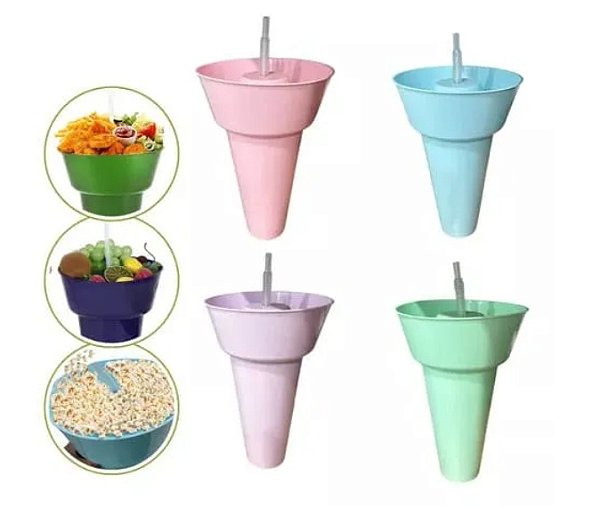 Copo Com Suporte Para Pipoca Alça E Canudo 950ml - ZU967