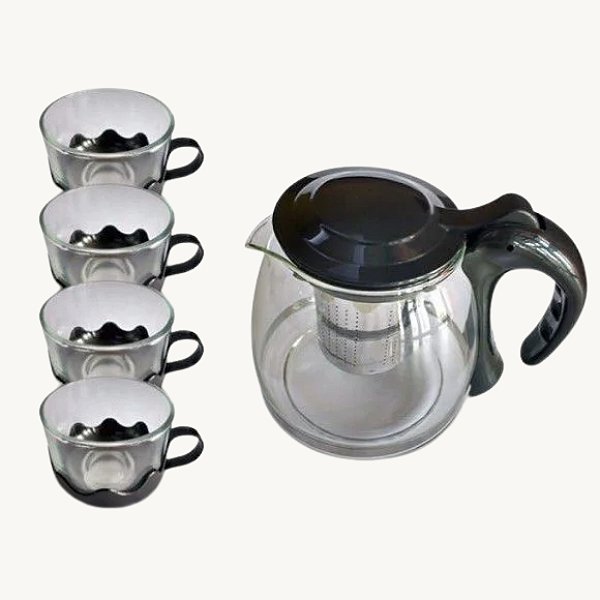 Kit Chaleira De Vidro 1200ml Com 4 Xicaras - AG9618