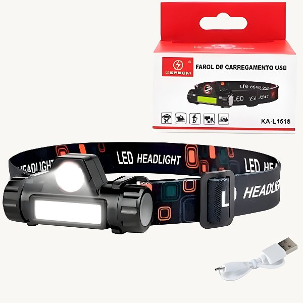 Lanterna de Cabeça LED Ajustável Carregamento USB KAPBOM - KA-L1518