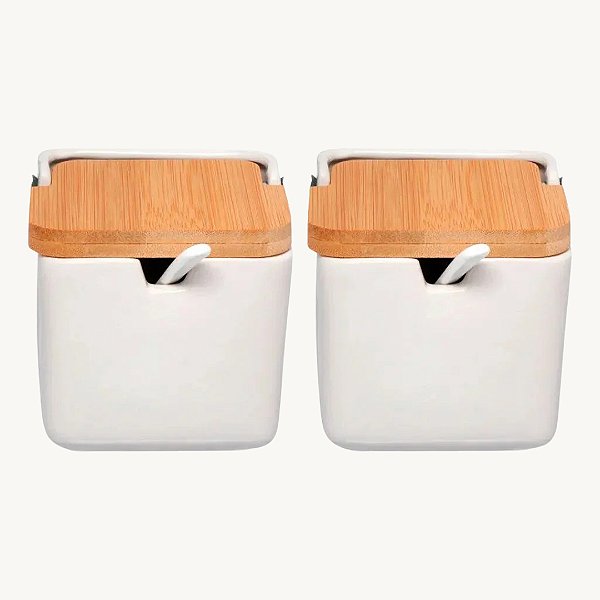 Kit Açucareiro e Saleiro em porcelana, com tampa de bambu e colher AG5242