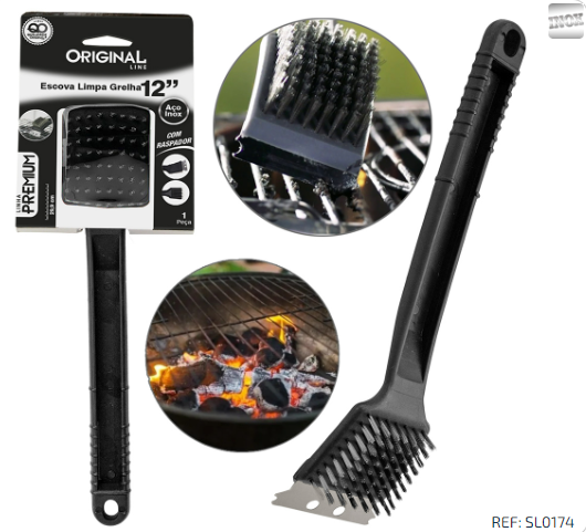 Escova de Aço para Limpar Grelhas Churrasqueiras com Raspador - Original - SL0174