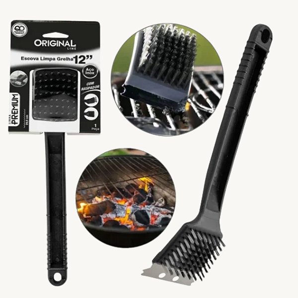 Escova de Aço para Limpar Grelhas Churrasqueiras com Raspador - Original - SL0174