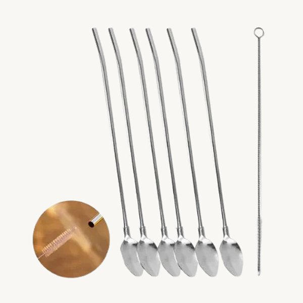 Canudo Colher em Inox com Escova para Limpeza Drinks Mexedor 22cm Kit com 6 Unidades Cor Prateado MG-9250