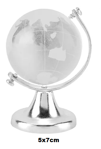 Enfeite de Mesa Decorativo Globo Terrestre em Vidro Maciço e Metal Prateado 5x7cm DT1334T