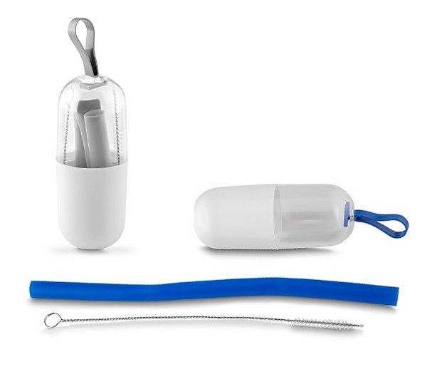 Kit Canudo de Silicone com Escova de Limpeza, acompanha Estojo de Plástico com Alça KC47405 - Cores SortidaS