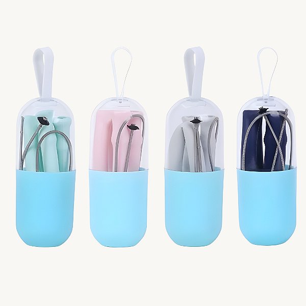 Kit Canudo de Silicone com Escova de Limpeza, acompanha Estojo de Plástico com Alça KC47405 - Cores SortidaS